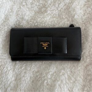 Prada Black Saffiano Leather Bow Continental Wallet with Gold Logo